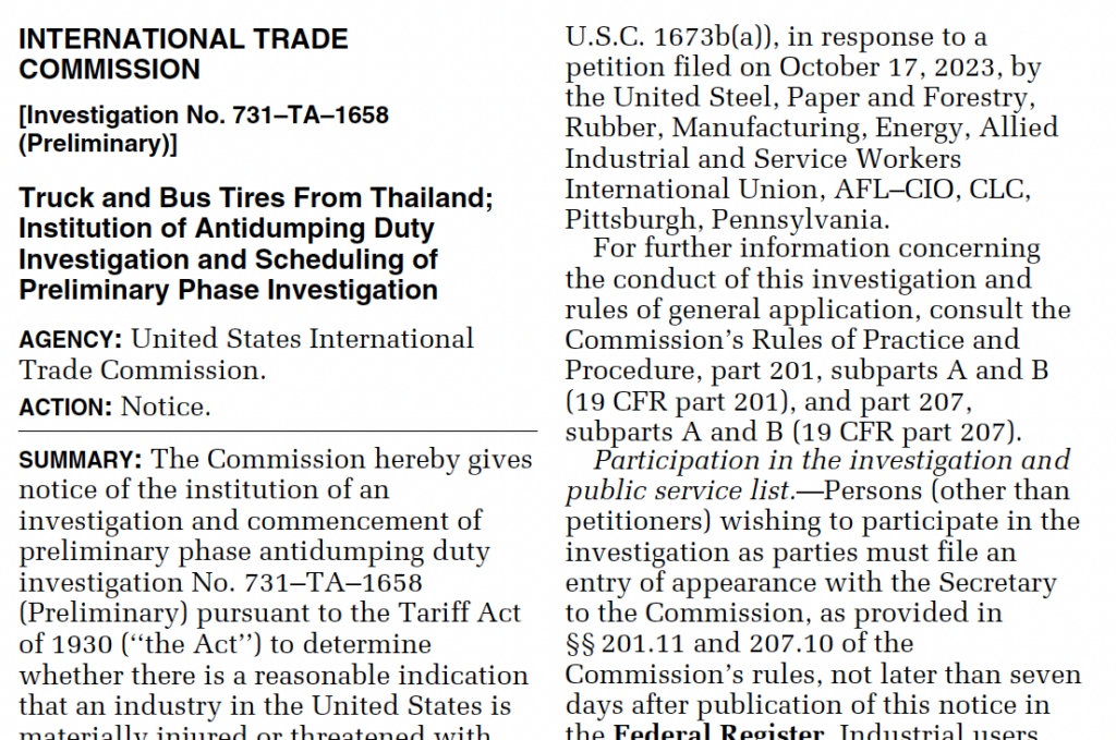 Truck and Bus Tires From Thailand; Institution of Antidumping Duty Investigation and Scheduling of Preliminary Phase Investigation